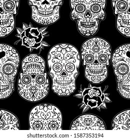 Seamless pattern with mexican sugar skulls and roses. Design element for poster, card, banner, clothes decoration. Vector illustration