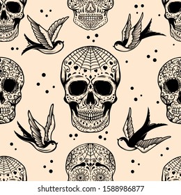 Seamless pattern with mexican sugar skulls and roses. Design element for poster, card, banner, clothes decoration. Vector illustration