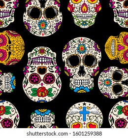 Seamless pattern with mexican sugar skulls. Design element for poster, card, banner, clothes decoration. Vector illustration