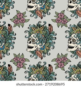 Seamless pattern with mexican sugar skulls and flowers. Vintage style. Vector illustration.
