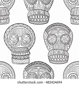 Seamless pattern of Mexican sugar skulls.
Day of The Dead colorful Skull with floral and ethnic ornament.