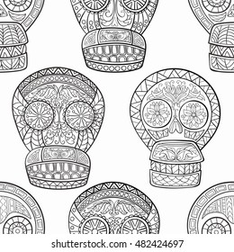 Seamless pattern of Mexican sugar skulls.
Day of The Dead colorful Skull with floral and ethnic ornament.