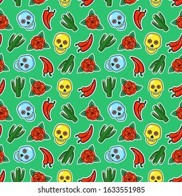 Seamless pattern of mexican symbols patches skull, pepper, rose flower and cactus. Vector illustration of mexican stickers