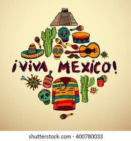 Seamless pattern with mexican symbols - Viva Mexico. Isolated on white background.