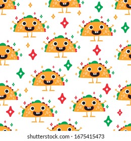 Seamless Pattern With Mexican Taco. Cute cartoon taco. Mexican food vector background.