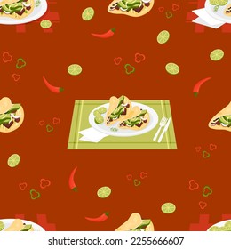 Seamless pattern with Mexican Tacos. latin american food in plate on burgundy background with chili peppers and lime slices. Vector illustration. Endless background with national Mexican cuisine