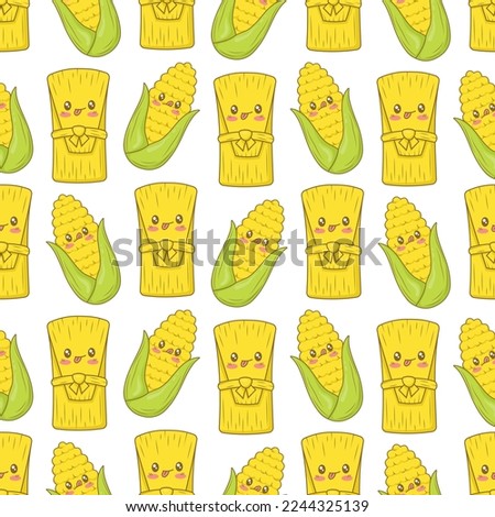 Seamless pattern with Mexican tamale and fresh corn with funny faces in doodle cartoon style isolated on white background