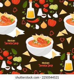 Seamless pattern with Mexican Tomato Soup on black background with products and vegetables. Vector illustration. Endless background with latin american food