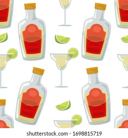 Seamless pattern of Mexican traditional beverage - glass and bottle of tequila and cocktail margarita. Vector