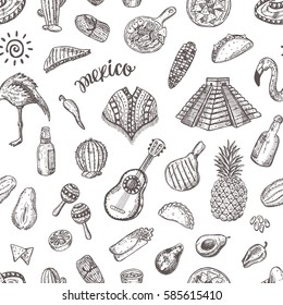 Seamless pattern with mexican traditional elements. Hand drawn vector illustration. Maya pyramid, sombrero, nachos, maracas, guitar, burrito, flamingo, corn, cactus, empanadas, chayote, poncho.