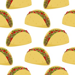 Seamless Pattern Of Mexican Traditional Food - Taco, Forcemeat With Tortilla And Vegetables. Vector