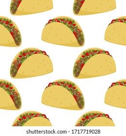 Seamless pattern of Mexican traditional food - taco, forcemeat with tortilla and vegetables. Vector