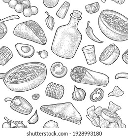 Seamless pattern mexican traditional food with guacamole, quesadilla, enchilada, burrito, taco, nachos, tequila, chili con carne with ingredient. Vector vintage black engraving isolated on white 