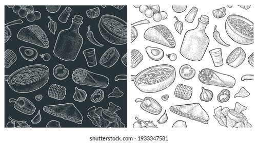 Seamless pattern mexican traditional food with guacamole, quesadilla, enchilada, burrito, taco, nachos, tequila, chili con carne with ingredient. Vector vintage white engraving isolated on black