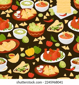 Seamless pattern with Mexican traditional food on black background. Vector illustration. Endless background with national latin american cuisine for culinary design, wallpaper, packaging and decor