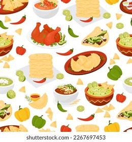 Seamless pattern with Mexican traditional food Taco, Quesadilla, guacamole, Empanadas, Tomato Soup on white background. Vector illustration. Endless background with national latin american cuisine