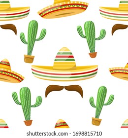 Seamless pattern of Mexican traditional straw sombrero and mustache. Vector