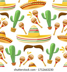 Seamless pattern of Mexican traditional straw sombrero with mustache and maracas. Vector