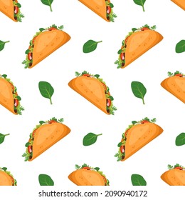 Seamless pattern with Mexican traditional taco food and green spinach. Fast food print for restaurant, cafe and design on white background. Vector flat illustration