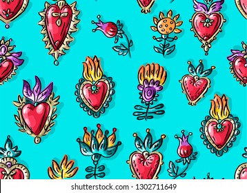 Seamless pattern with mexican Valentine's day flowers hearts