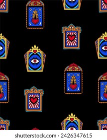 Seamless pattern with Mexican windows, heart and sugar elements. Vector