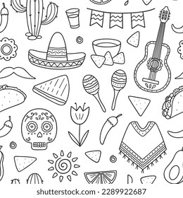 Seamless pattern of Mexico doodle. Elements of mexican culture: maracas, poncho, cactus, taco, burrito in sketch style. Hand drawn vector illustration