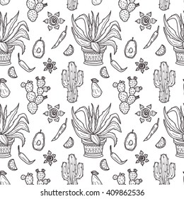 Seamless pattern with Mexico related hand drawn icons. Doodle vector Mexico related collection