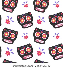 Seamless pattern with mexico sugar skull isolated on white background. 