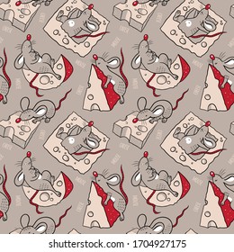 Seamless pattern with mice, cheese and lettering. Animalistic vector background. Gray tones. Can be used for wallpapers, pattern fills, textile, surface textures