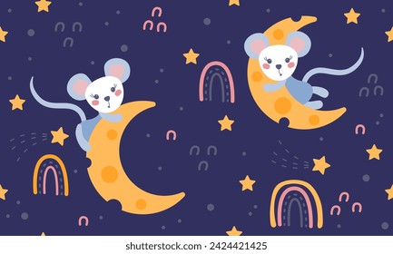 Patrón sin fisuras con ratones, luna de queso y estrellas. Ilustración de vector lindo de ratones durmiendo