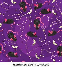 Seamless pattern with mice, cheese and stars. Vector graphics.