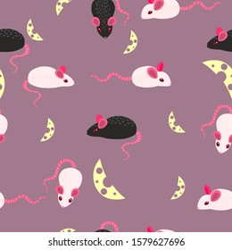 Seamless pattern with mice and cheese. Vector graphics.