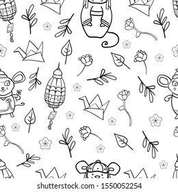 Seamless pattern with mice or chinese style rats. Coloring Cartoon image of animals, origami, bells and colors. Doodle background 