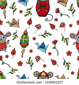 Seamless pattern with mice or chinese style rats. Cartoon image of animals, origami, bells and colors. Doodle background 