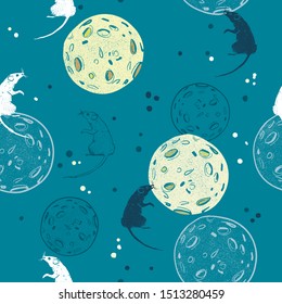 Seamless pattern with Mice and moons that look like cheese. New Year theme.