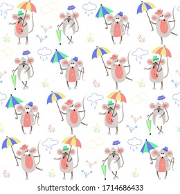 Seamless pattern with mice and umbrellas. Animalistic vector background. Pastel tones. Can be used for wallpapers, pattern fills, textile, surface textures