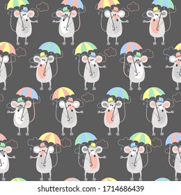 Seamless pattern with mice and umbrellas. Animalistic vector background. Gray, blue, pink, yellow and green tones. Can be used for wallpapers, pattern fills, textile, surface textures