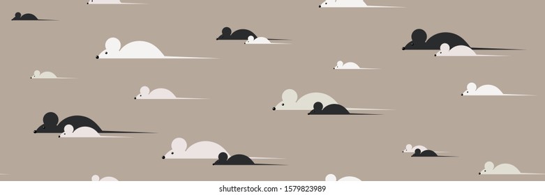 Seamless pattern with mice. Mice walk alone and in pairs. Simple creamy toned background. Vector illustration.