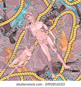 Seamless pattern with Michelangelos David with chains and ropes. Italian design for the textile industry.