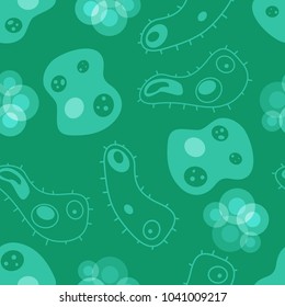 Seamless pattern with micro cells vector illustration isolated on blue background. Repeated elements structure with bacterial organisms in mesh