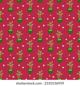 Patrón sin foco de brotes microverdes con corazones sobre un fondo rojo. Ilustración vectorial para decoración, postales, impresión, tela
