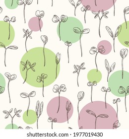 Seamless pattern with microgreens: leaves and plants of microgreens. Vector hand drawn illustration
