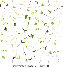 Seamless pattern of microgreens on a white background