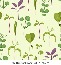 Seamless Pattern with Microgreens, Vibrant And Fresh Design Showcases A Variety Of Colorful And Nutrient-packed Green Sprouts, Creating A Visually Appealing Tile Ornament. Cartoon Vector Illustration