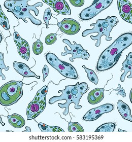 Seamless pattern with microorganisms on blue background. Vector illustration