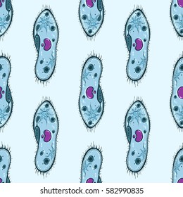Nahtloses Muster mit Mikroorganismen Paramecium auf blauem Hintergrund. Vektorgrafik