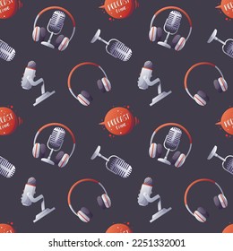 Seamless pattern with Microphone, headphones, podcast sign. Podcast, Streaming, Online show, blogging, radio broadcasting. Vector illustration.