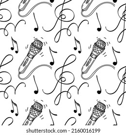 Seamless pattern of microphone, music key and notes. Hand-drawn doodle elements. Music background, vector illustration.