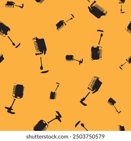 Patrón sin fisuras con micrófonos sobre un fondo amarillo. Ilustración vectorial para el diseño de sus impresiones en telas, Fondo de pantalla, embalaje en estilo audio
