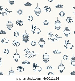 Seamless pattern for the Mid autumn festival  with moon rabbits and other festival symbols. Stylish Vector design.